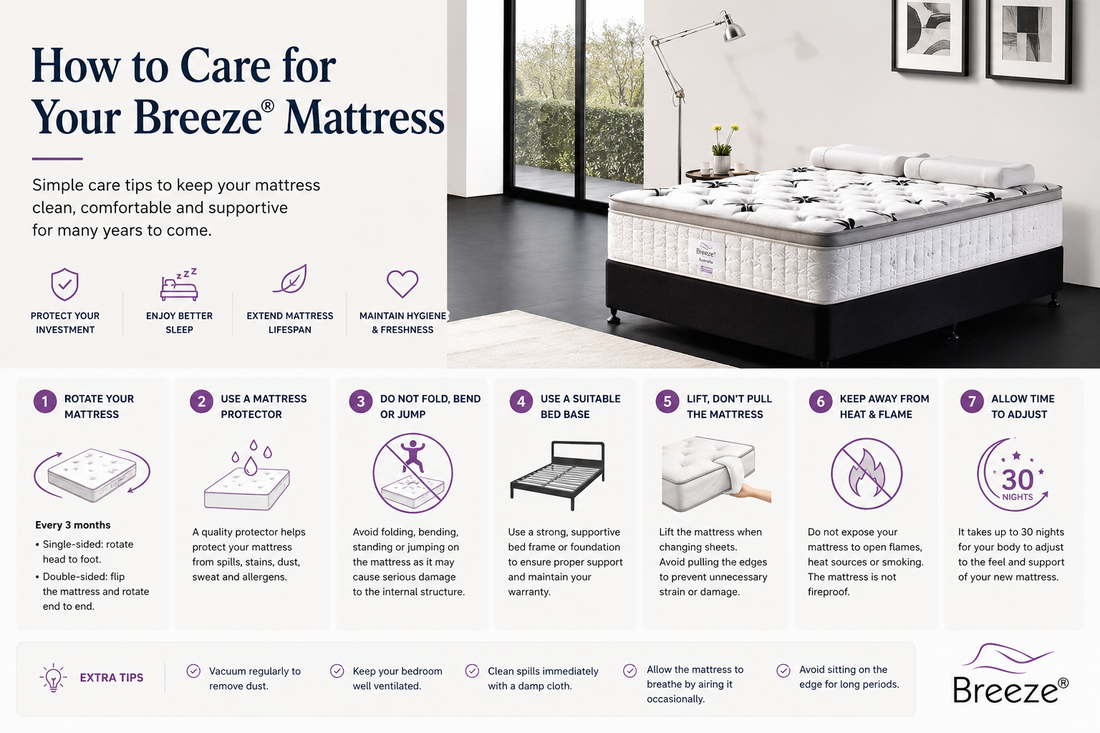 How to care for your Breeze® pocket spring mattress with expert mattress maintenance tips to extend comfort and lifespan.